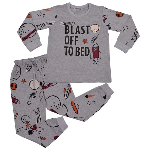 Kids Boys Rocket Spaceship Blast Off Grey Pyjamas PJs 2 Piece Sleepwear Set