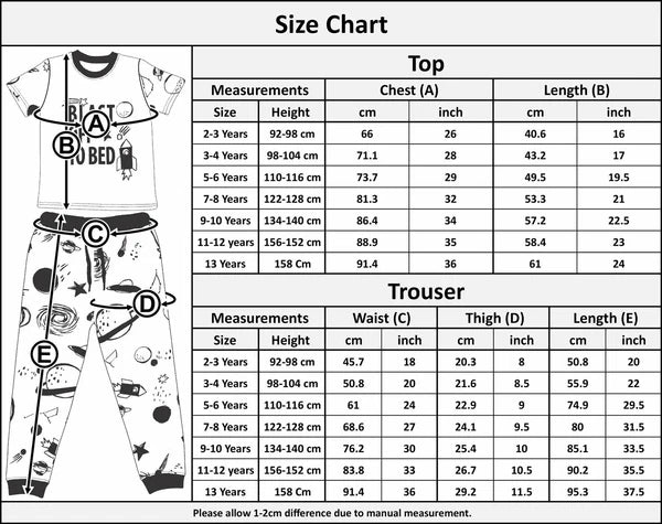 Boys Rocket Spaceship Blast Off Pyjamas Children PJs 2 Piece Kids Sleepwear Set