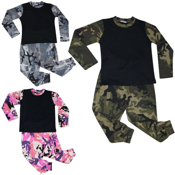 Kids Boys Girls Pjs Contrast Camouflage Plain Stylish Pyjamas Set 2-13 Years