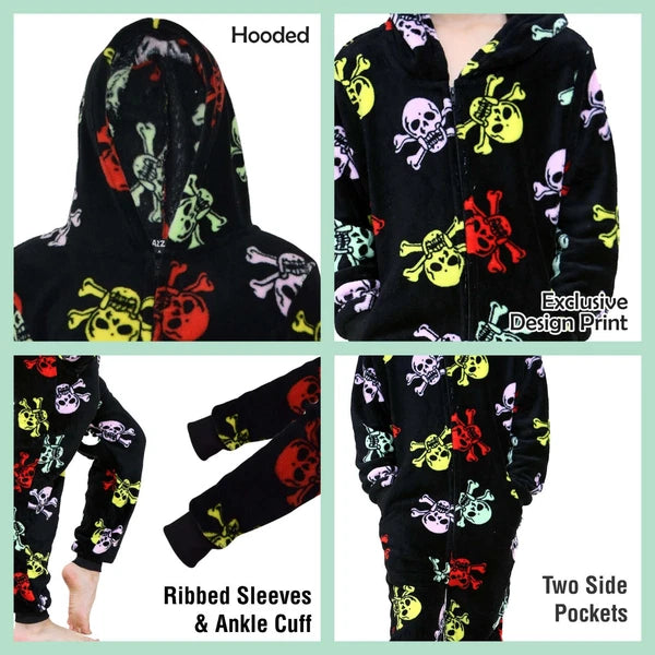Kids Girls Boys Fun Skull Print A2Z Onesie One Piece Black & Multi Pyjama Sets