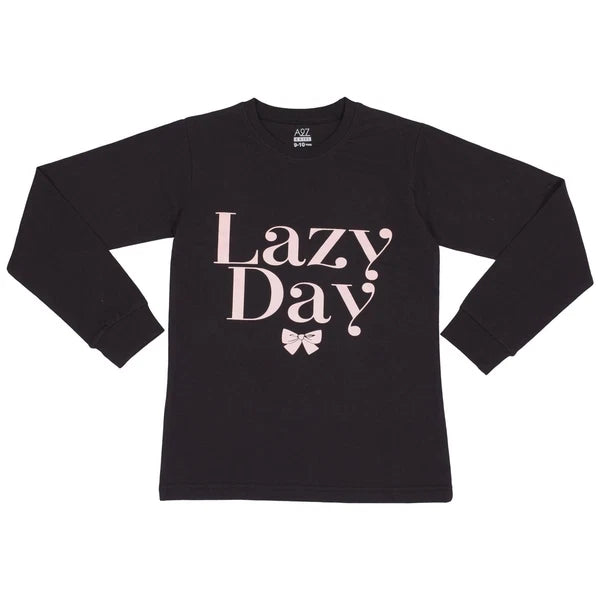 Kids Girls Pyjamas Black Lazy Day Print Contrast Cotton PJs Set Lounge Suit 5-13