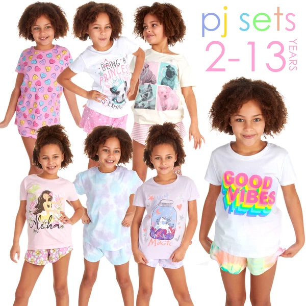 Kids Girls Shorty Pyjamas 2 Piece Pyjama Set 100% Cotton Short Sleeve 2-13 Years