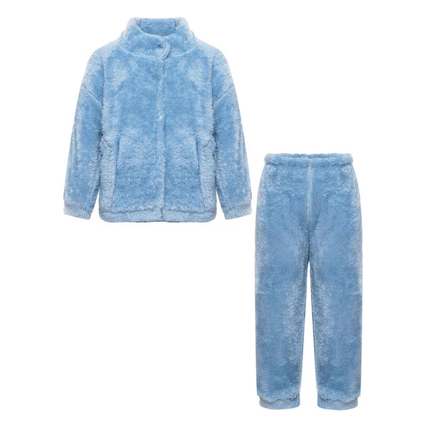 Girl Boy Sleepwear Faux Fur Pajamas Set Trousers Loungewear Buttons Pants Soft