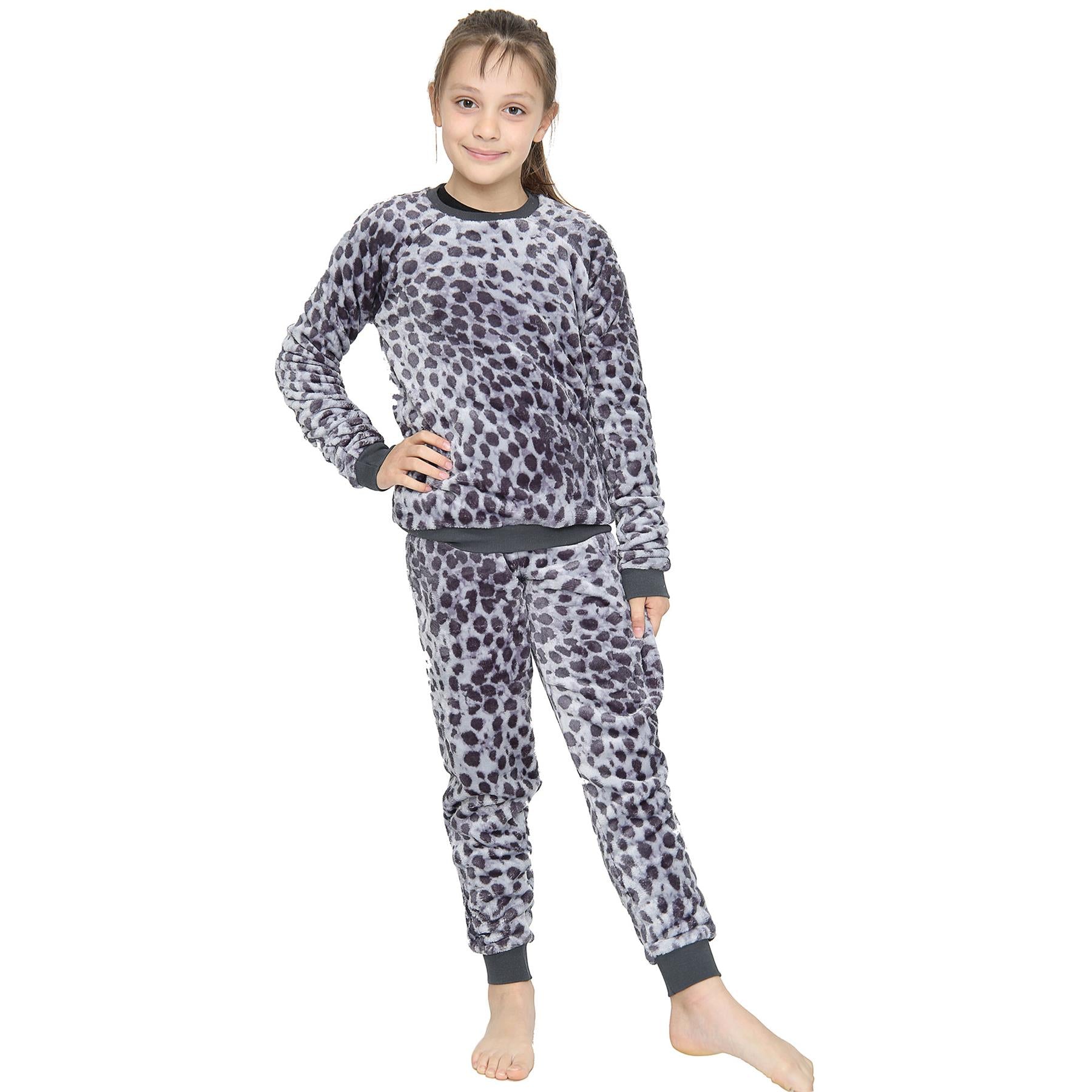 Kids Girls Boys Pyjamas Leopard PJs Soft Fleece 2 Piece Flannel Set Lounge Suit