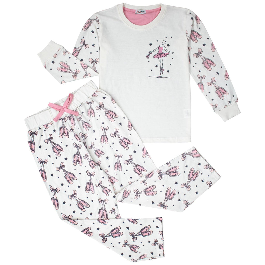 Girls Ballerina Baby Pink Print Children PJs 2 Piece Cotton Set Age 2-13 Years