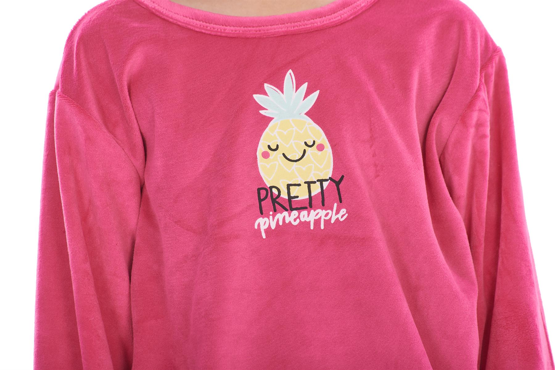 Girls Winter Pyjama Set Velvet Pineapple Motif Long Sleeve Warm Cosy PJ's