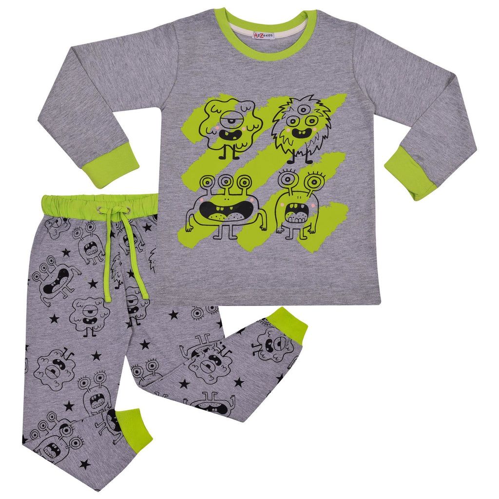 Kids Girls Boy Monster Pyjamas Children Grey PJs 2 Piece Cotton Set Lounge Suit