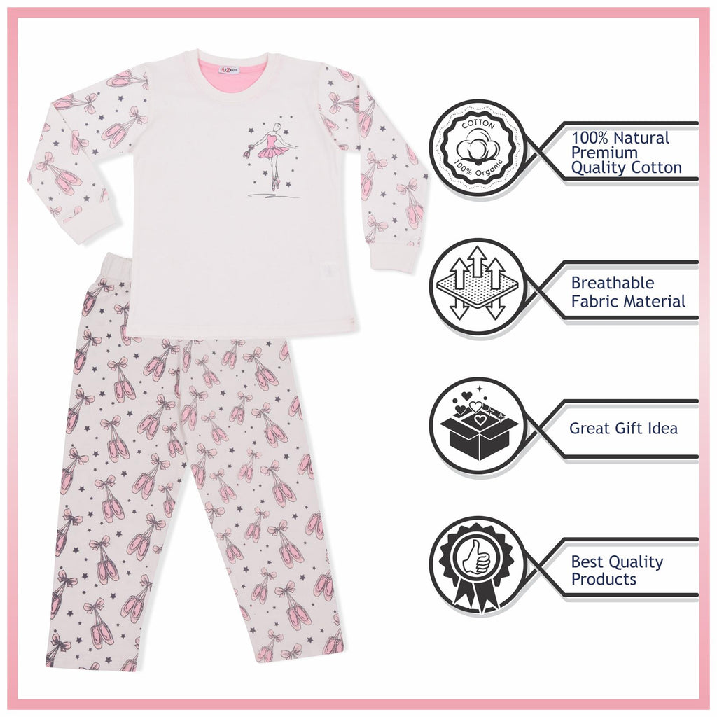 Girls Ballerina Baby Pink Print Children PJs 2 Piece Cotton Set Age 2-13 Years