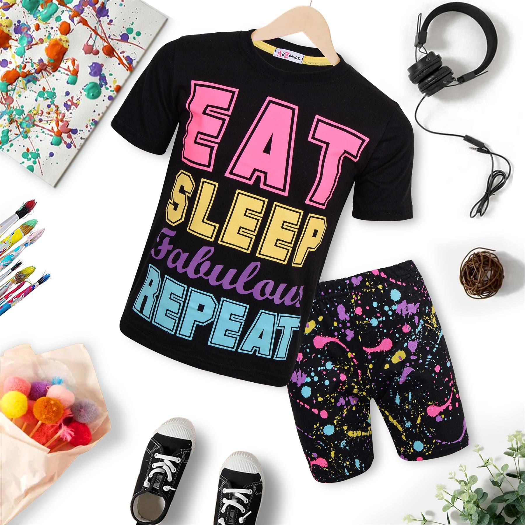 Kids Girls Boys Pyjamas Splash Print Contrast Top Bottom Sleepwear Shorts Set