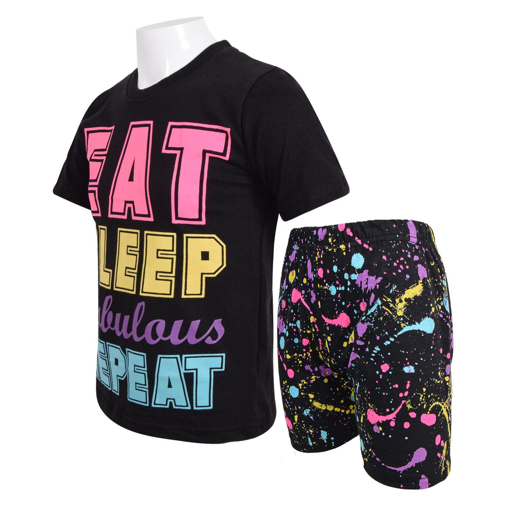 Kids Girls Boys Pyjamas Splash Print Contrast Top Bottom Sleepwear Shorts Set
