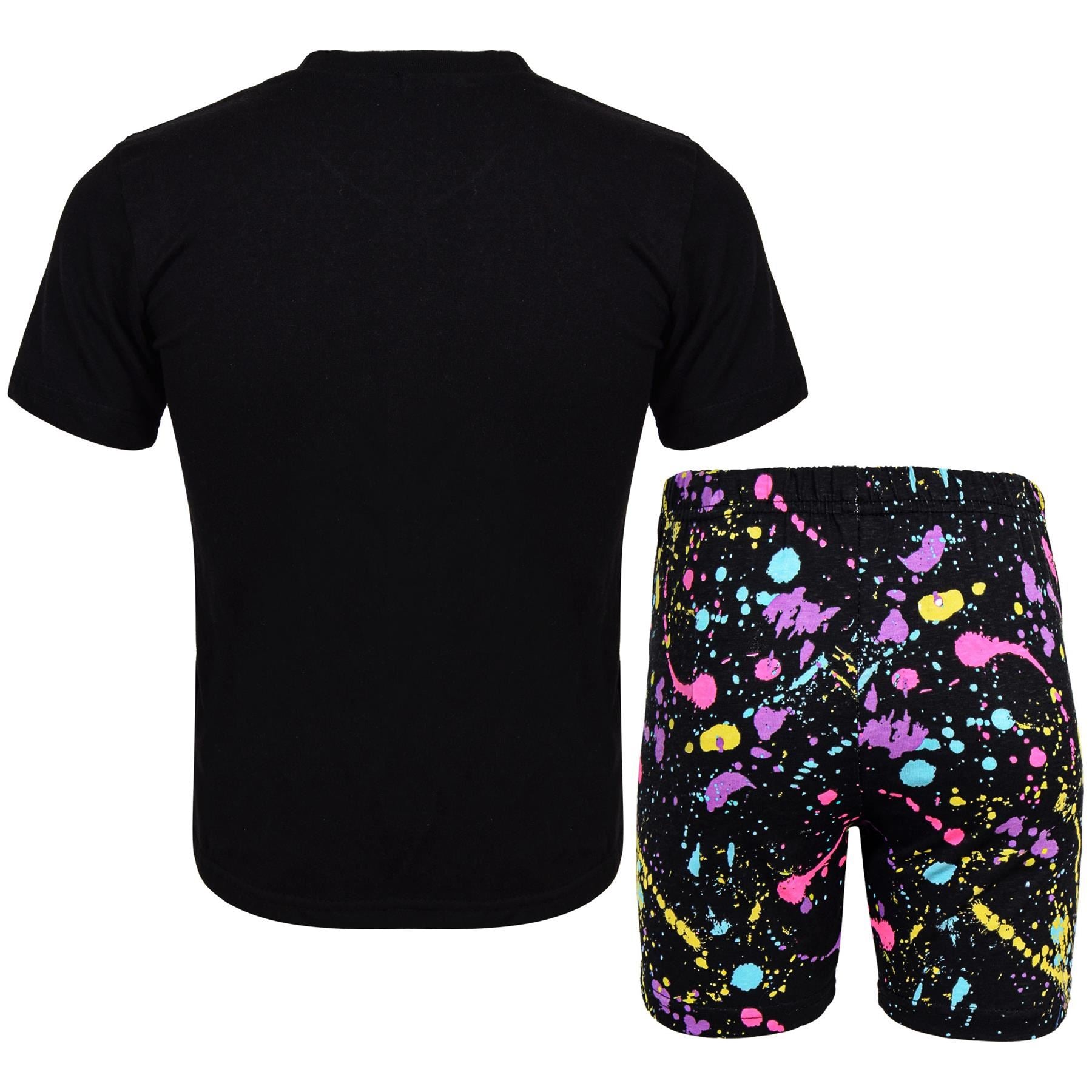 Kids Girls Boys Pyjamas Splash Print Contrast Top Bottom Sleepwear Shorts Set