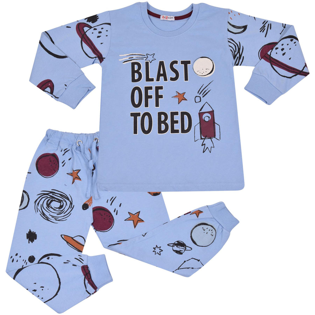 Kids Boys Rocket Spaceship Blast Off Pyjamas Children PJs 2 Piece Sleepwear Set
