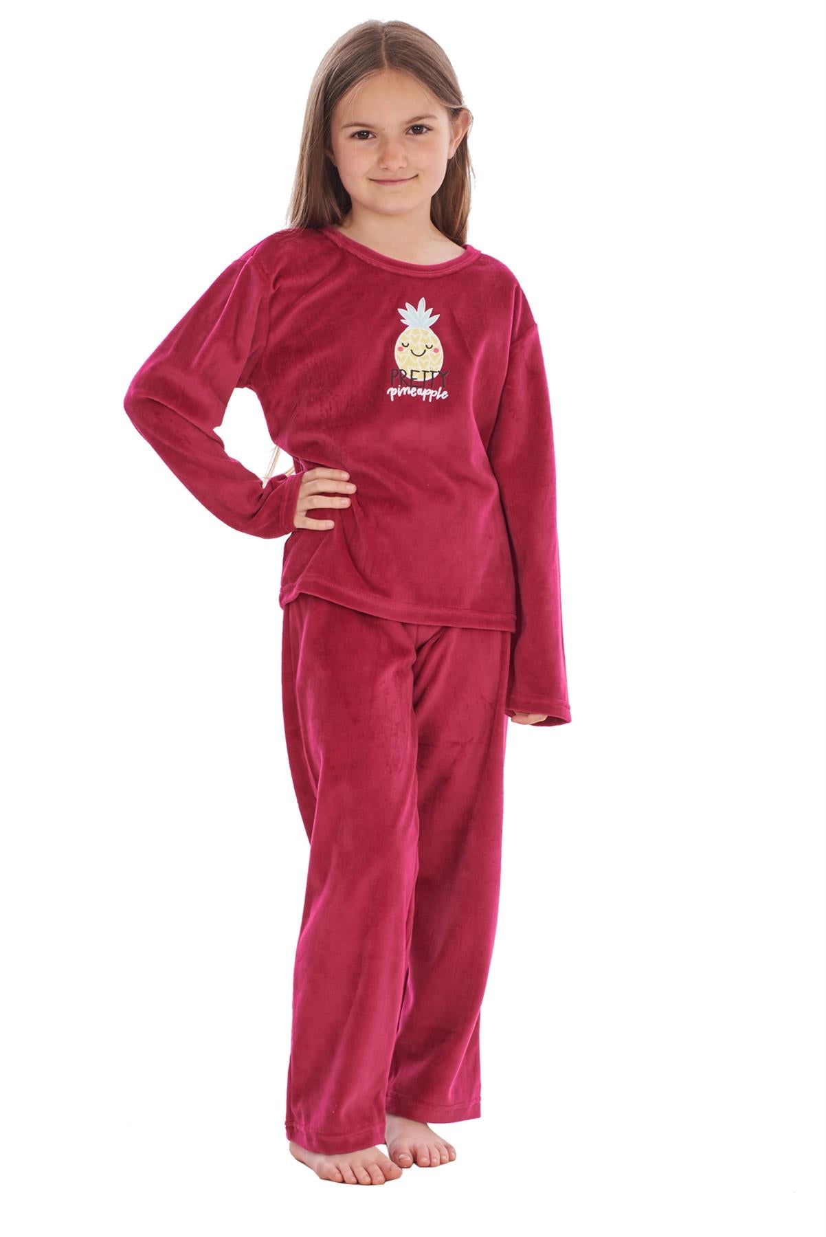 Girls Winter Pyjama Set Velvet Pineapple Motif Long Sleeve Warm Cosy PJ's
