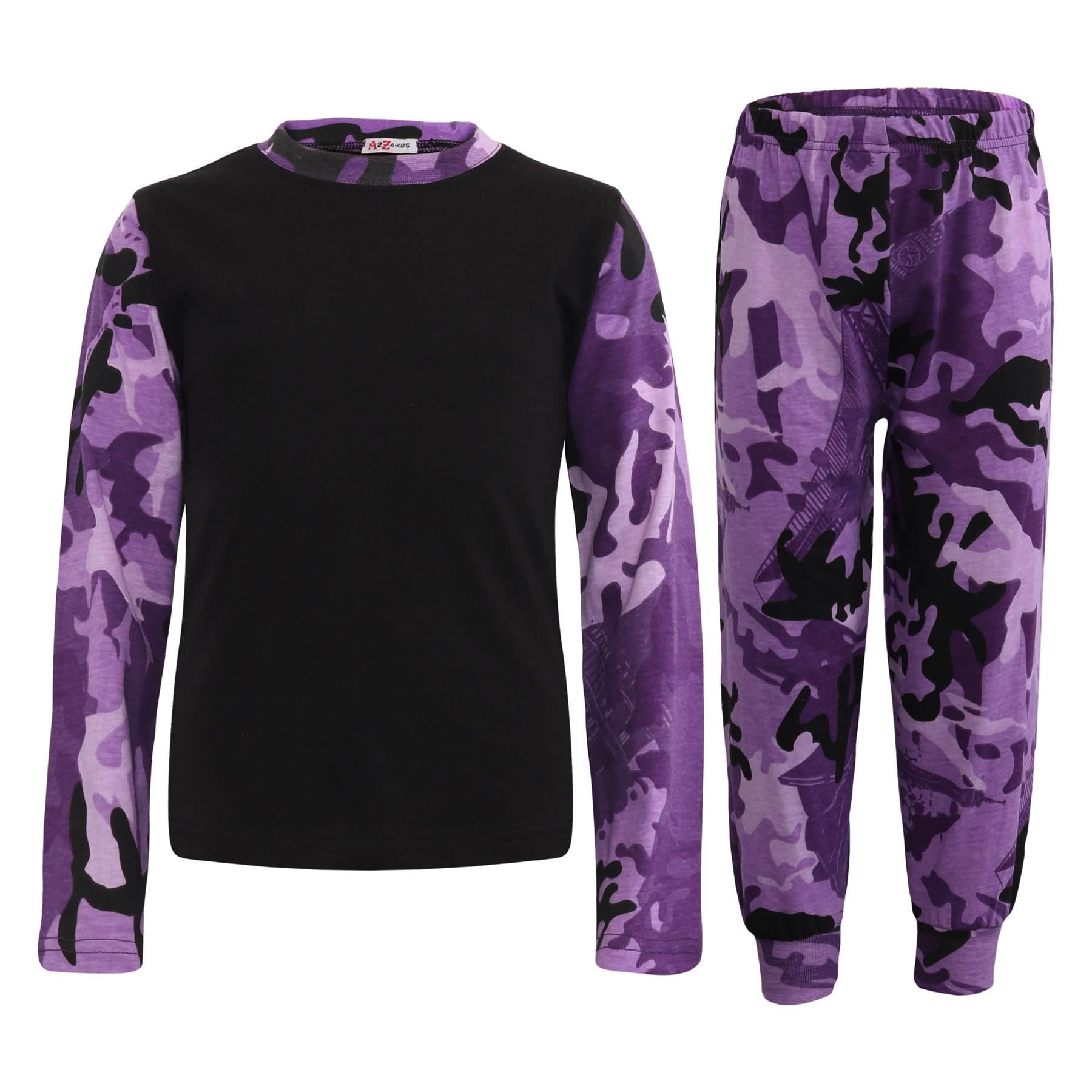 Kids Girls Plain Stylish Contrast Camo Purple Color Pyjamas Set Age 2-13 Years