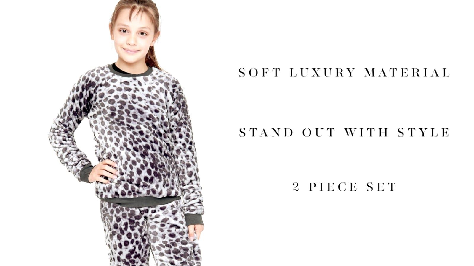 Kids Girls Boys Pyjamas Leopard PJs Soft Fleece 2 Piece Flannel Set Lounge Suit