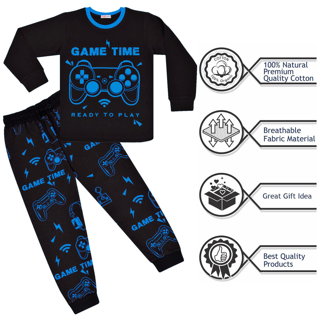 Kids Girls Boys Pyjamas Game Time Contrast Top Bottom 2 Piece PJS Sleepwear Set
