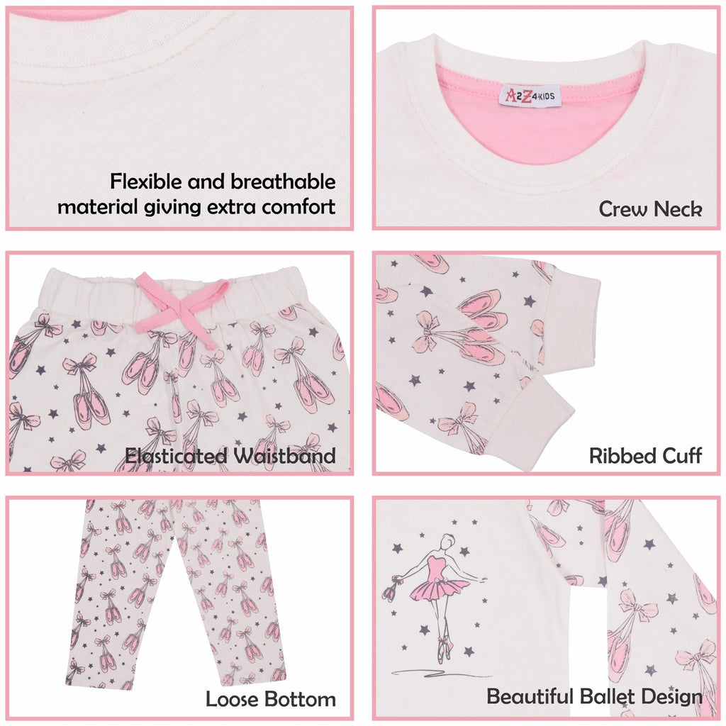 Girls Ballerina Baby Pink Print Children PJs 2 Piece Cotton Set Age 2-13 Years