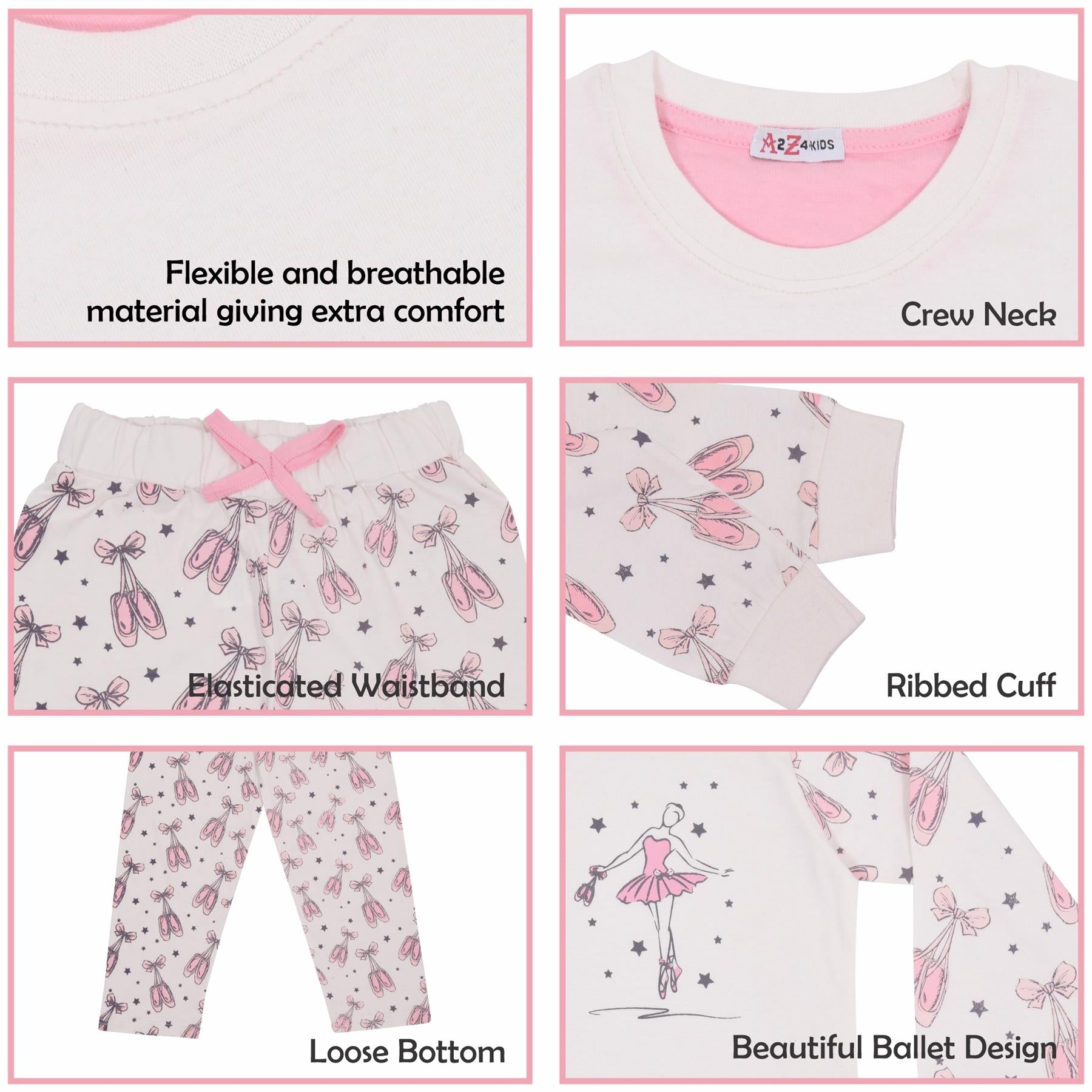 Girls Ballerina Baby Pink Print Children PJs 2 Piece Cotton Set Age 2-13 Years