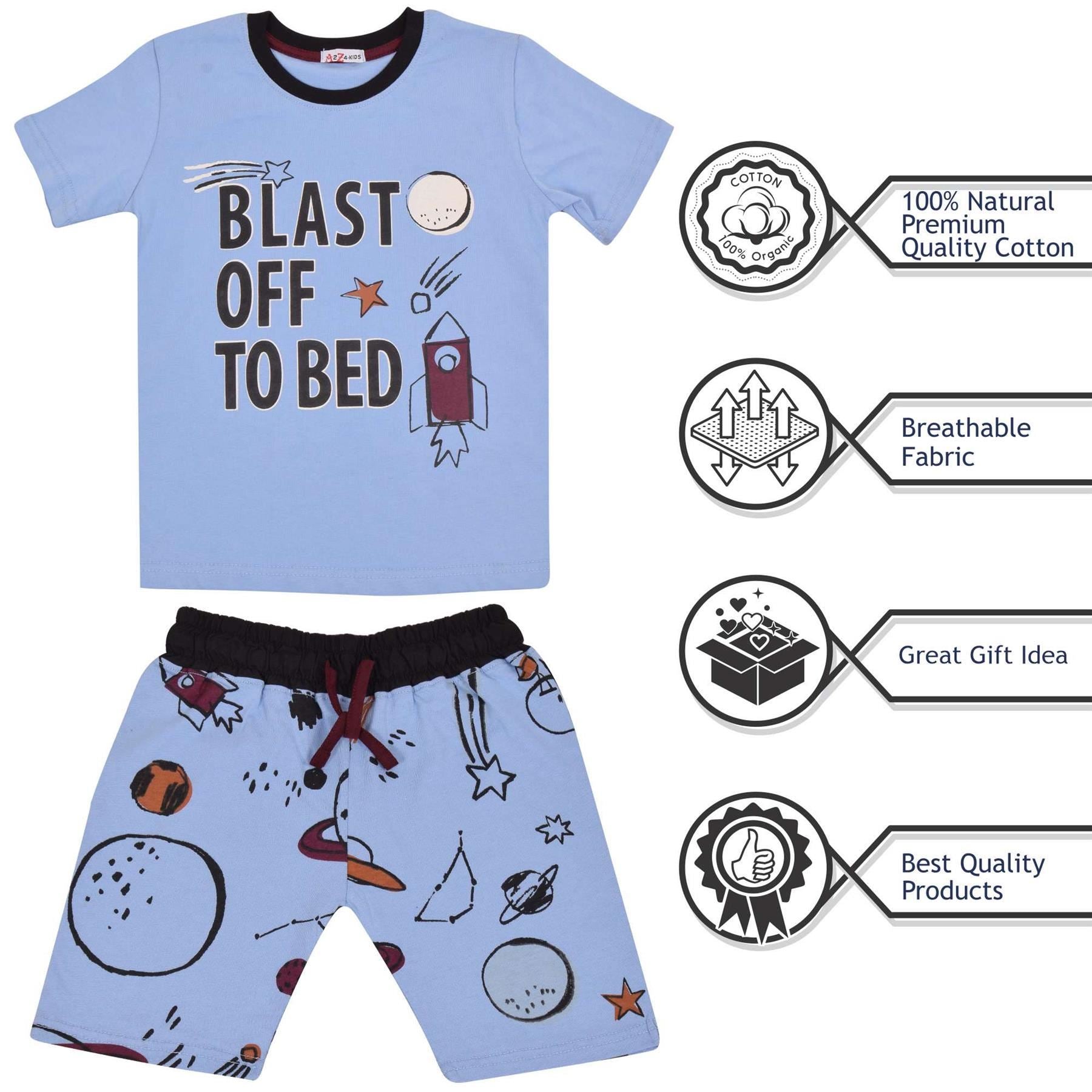 Kids Boys Rocket Spaceship Blast Off Blue Pyjamas PJs 2 Piece Sleepwear Set