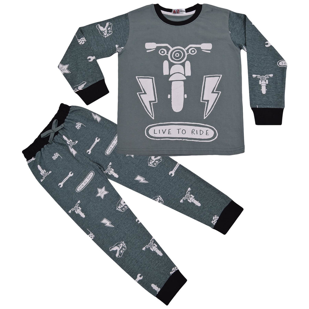 Kids Girls Boys Live to Ride Childrens Pyjamas 2 Piece Cotton PJs Set Nightwear