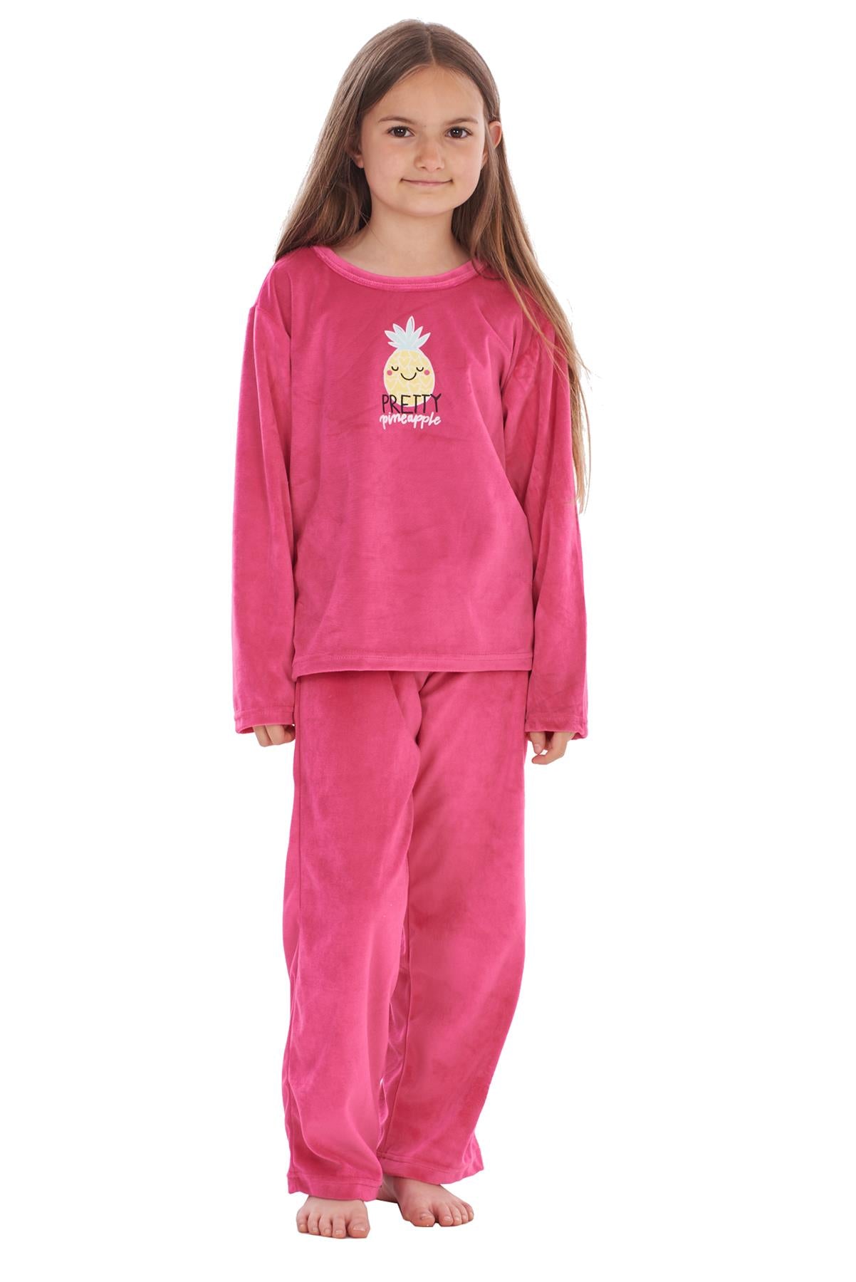 Girls Winter Pyjama Set Velvet Pineapple Motif Long Sleeve Warm Cosy PJ's