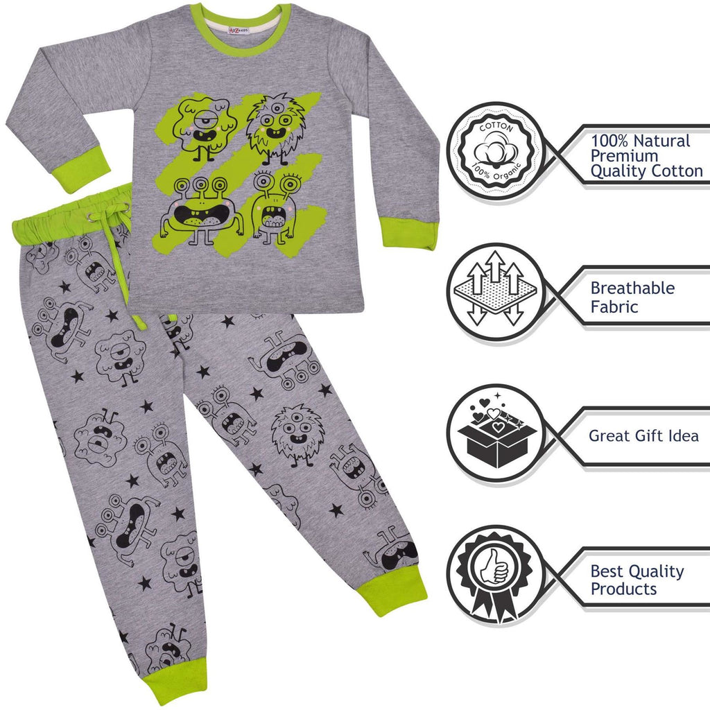 Kids Girls Boy Monster Pyjamas Children Grey PJs 2 Piece Cotton Set Lounge Suit