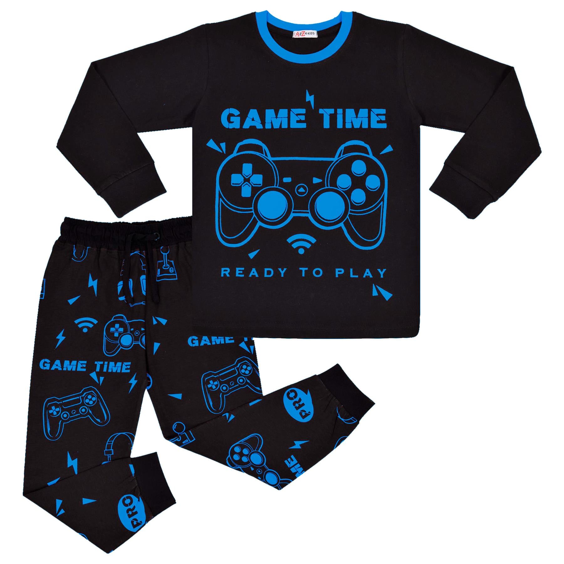 Kids Girls Boys Pyjamas Game Time Contrast Top Bottom 2 Piece PJS Sleepwear Set