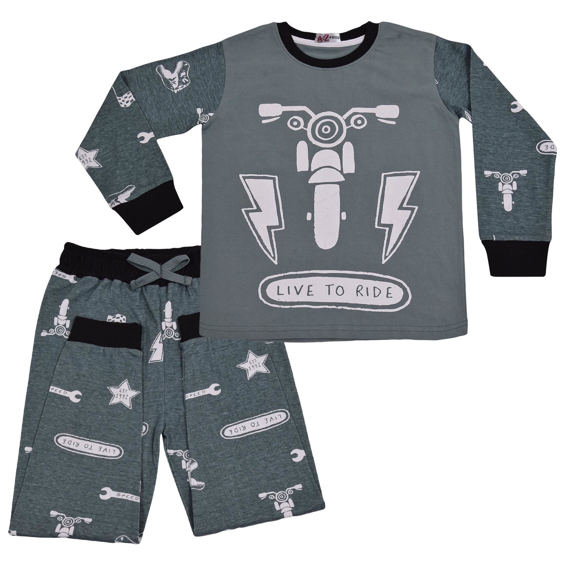 Kids Girls Boys Live to Ride Childrens Pyjamas 2 Piece Cotton PJs Set Nightwear