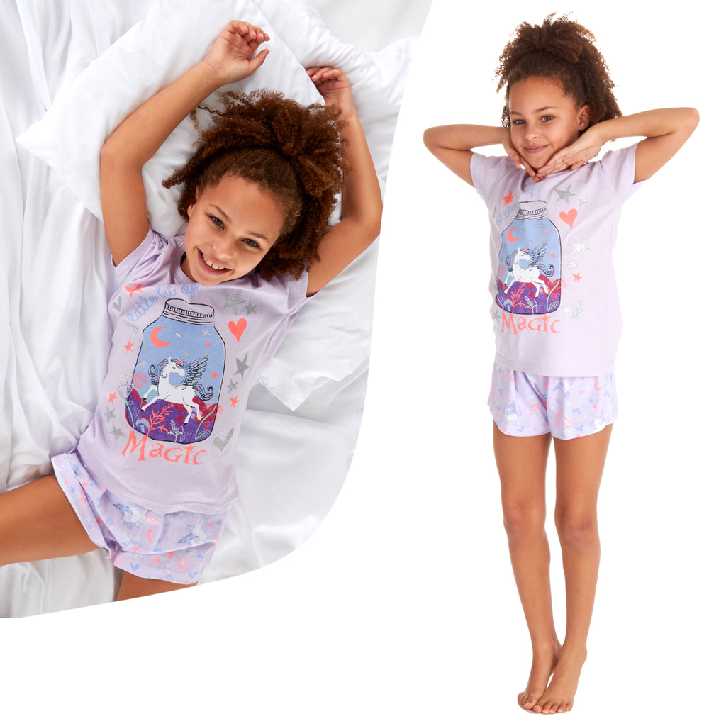 Girls Short Pyjamas Kids Jersey Summer Short Sleeved Pyjama Set Nightwear PJs UK