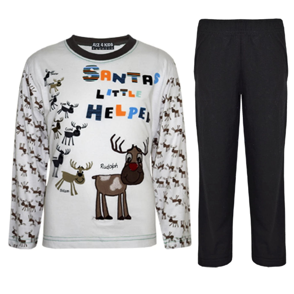 Kids Boys Girls Black "SANTAS LITTLE HELPER" Christmas Pyjamas Reindeer Rudolph