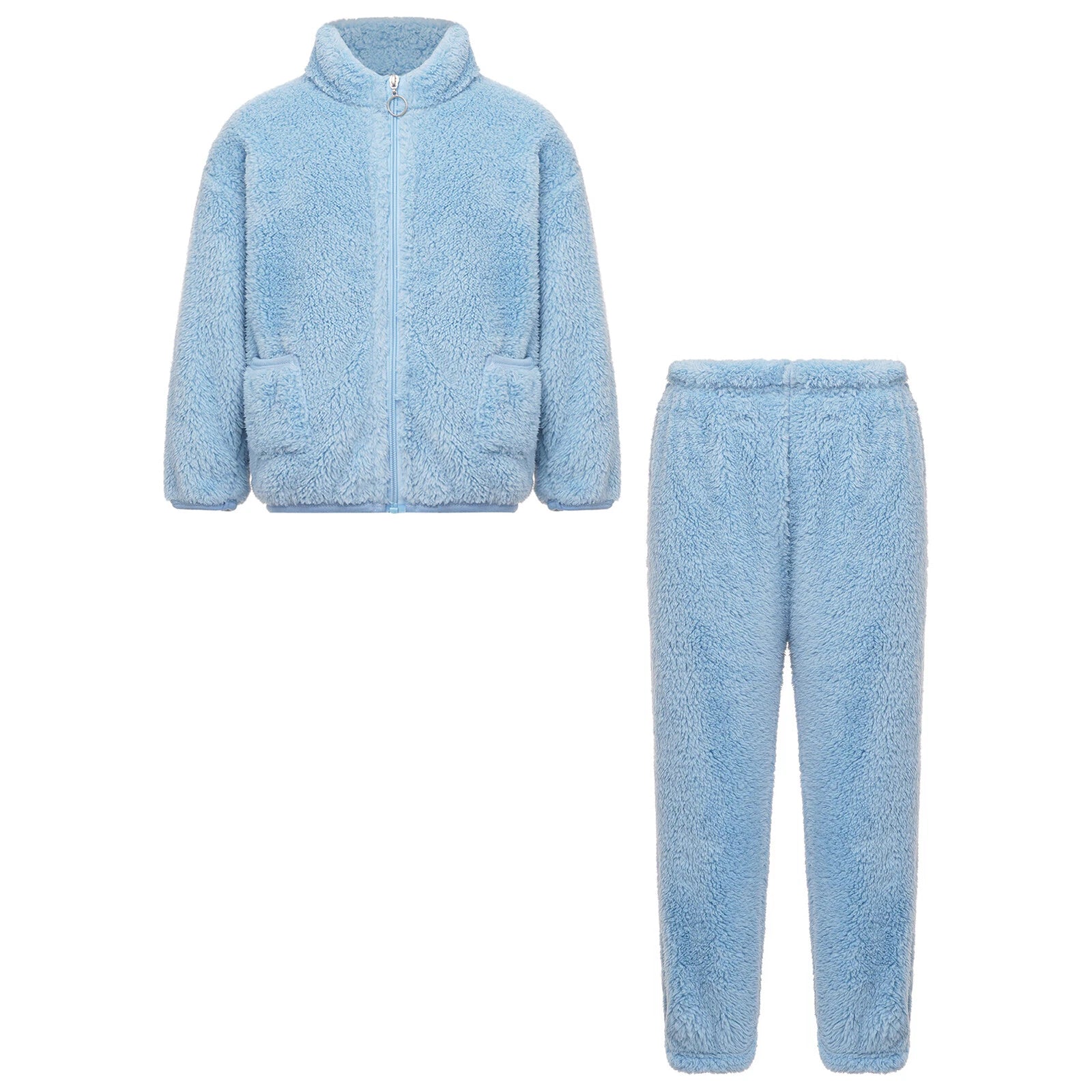 Unisex Kids Outfits Winter Set Warm Sleepwear Solid Color Elastic Waistband