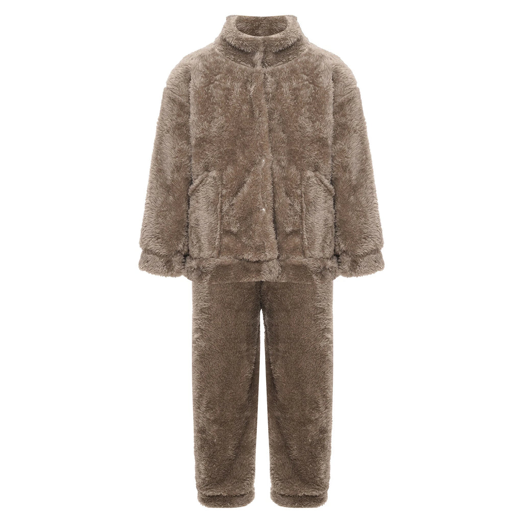 Girl Boy Sleepwear Faux Fur Pajamas Set Trousers Loungewear Buttons Pants Soft