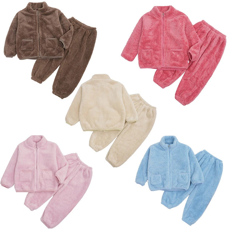 Unisex Kids Sleepwear Training Outfits Warm Set Long Sleeve Stand Collar Zipper