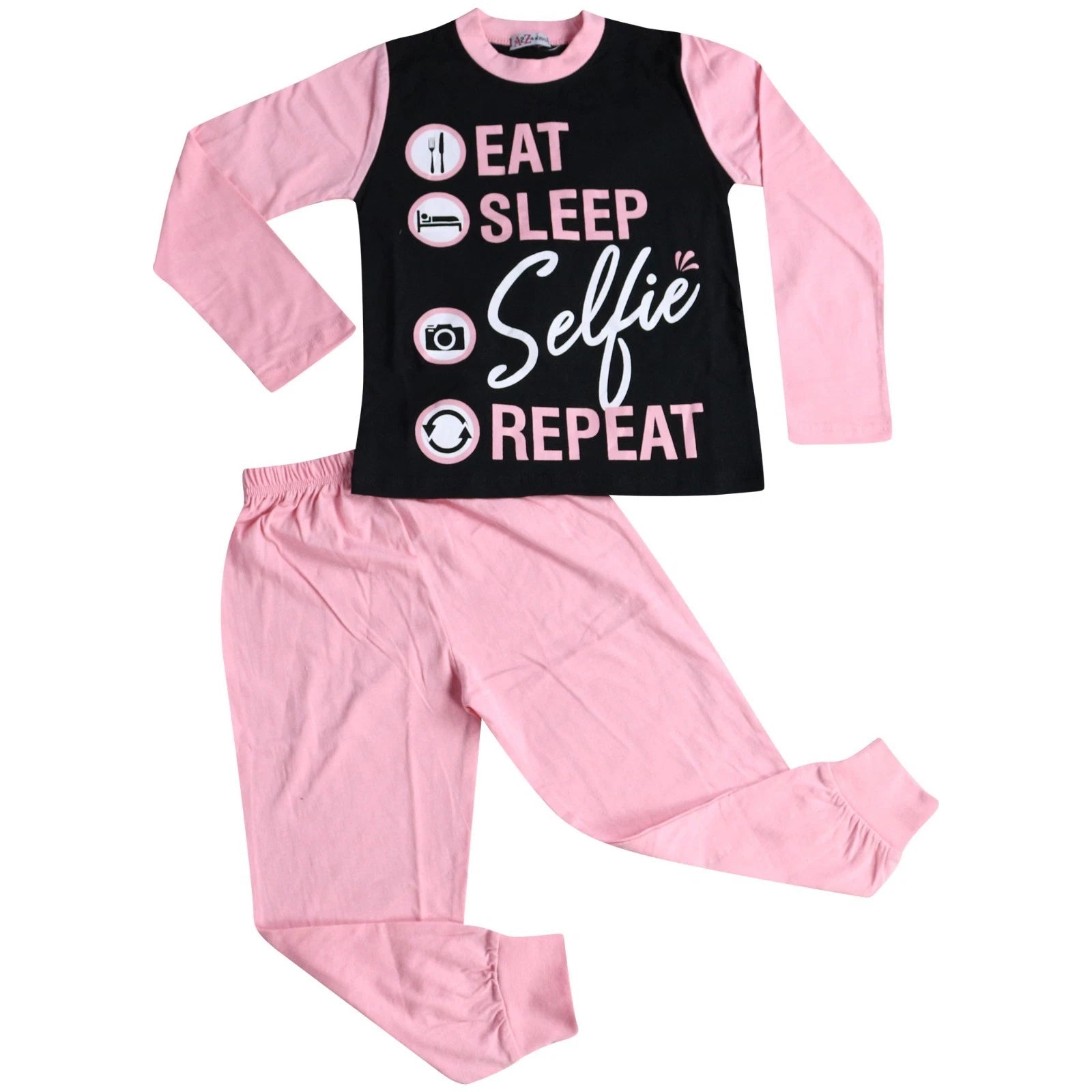 Kids Girls Boys Designer Eat Sleep Selfie Repeat Pyjamas Lounge Wear PJS 2-13 Yr