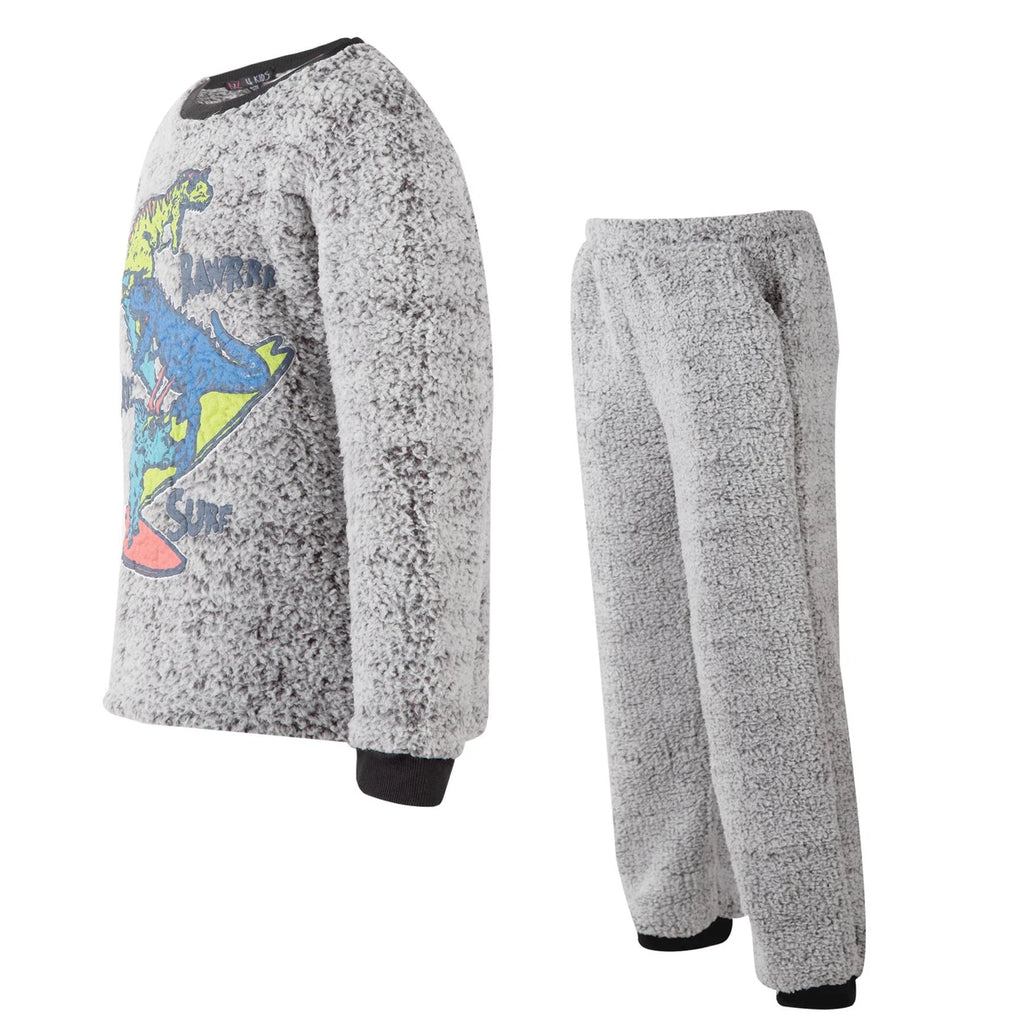 A2Z 4 Kids Girls Boys Grey Pyjamas Dinosaur 2 Piece Soft Thick Pile Fleece Set