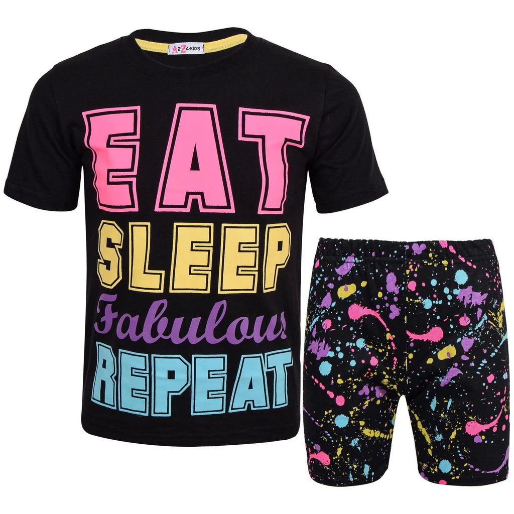 Kids Girls Boys Pyjamas Splash Print Contrast Top Bottom Sleepwear Shorts Set