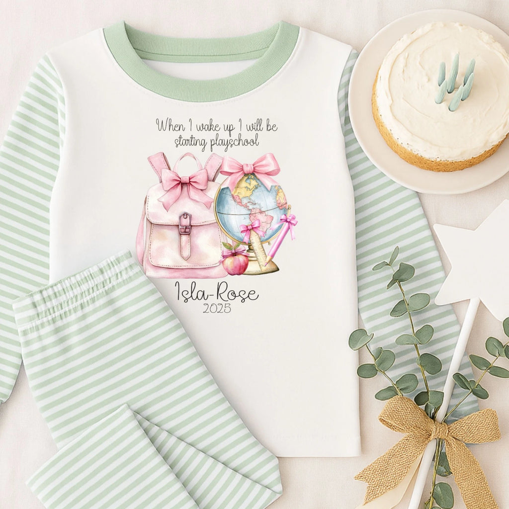 Personalised When I Wake Up I Will Be Starting School Nursery Bows, Girl Pyjamas