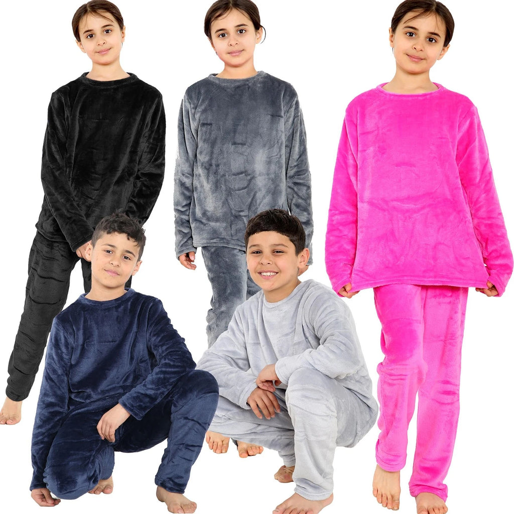 Kids Childrens Warm Fleece Pyjamas For Boys & Girls Sleepover 2 Piece Gift Set