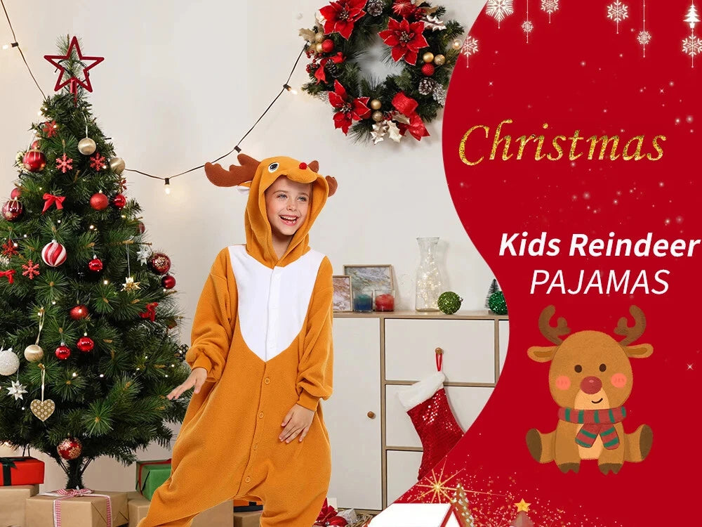 Kids Reindeer Unisex Pajamas Christmas Cosplay Costume Winter One-piece Honewear