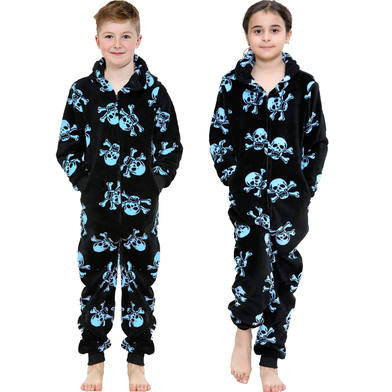 A2Z 4 Kids Girls Boys Fun Skull Print One Piece Black & Blue Pyjama Sets