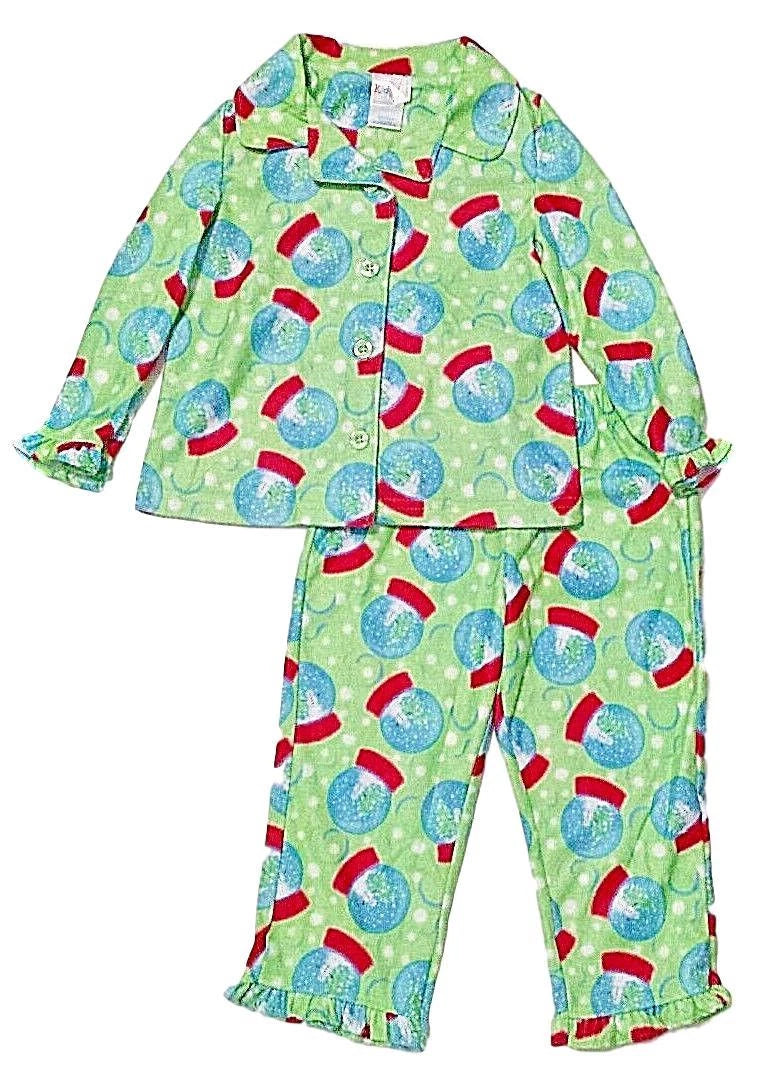 Snowglobe Flannel Christmas Pajamas Girls Warm Winter Sleepwear Green Sz 2T 3T