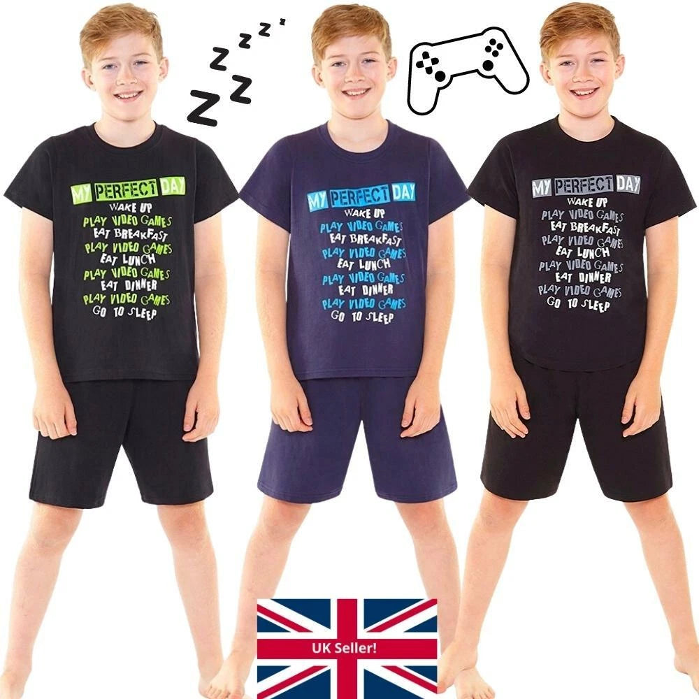 Bedlam Older Boys Perfect Day Gaming Sleeping T-Shirt Shortie Pyjamas Black Blue