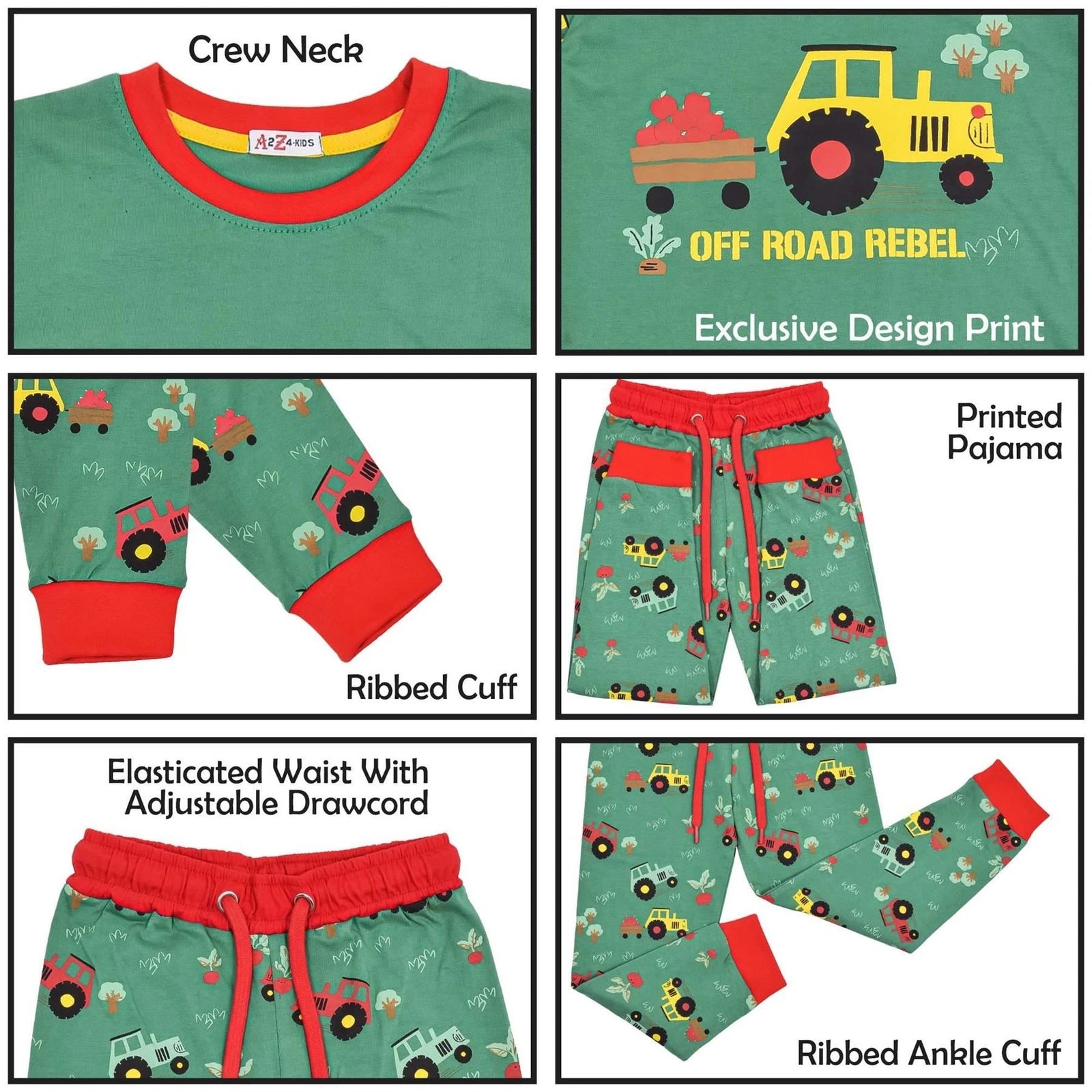 Kids Boys Girls Pyjamas Tractor Contrast Top Bottom Sleepwear Set Age 2-13 Years
