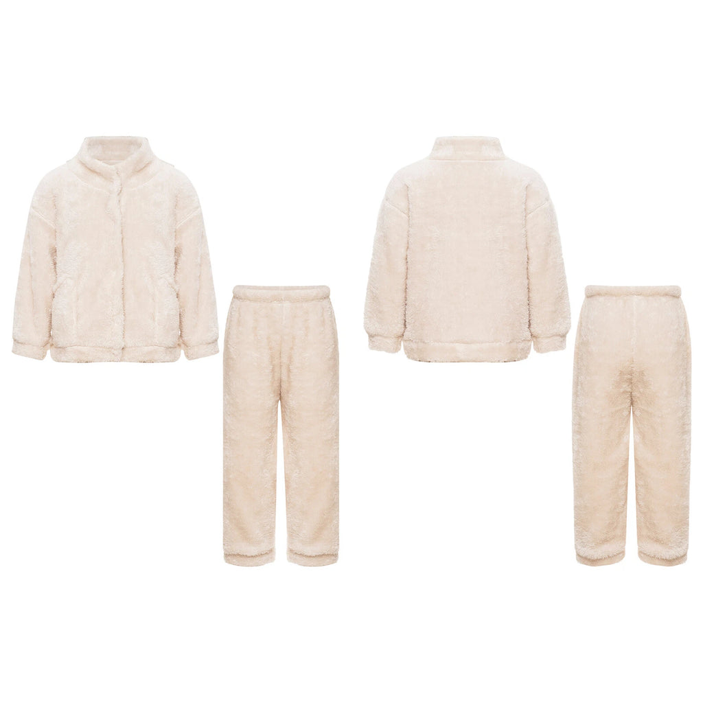 Girl Boy Sleepwear Faux Fur Pajamas Set Trousers Loungewear Buttons Pants Soft