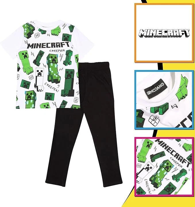 minecraft Boys Pyjamas Pjs Nightwear Creeper Gaming Gamer Kids Trousers Top