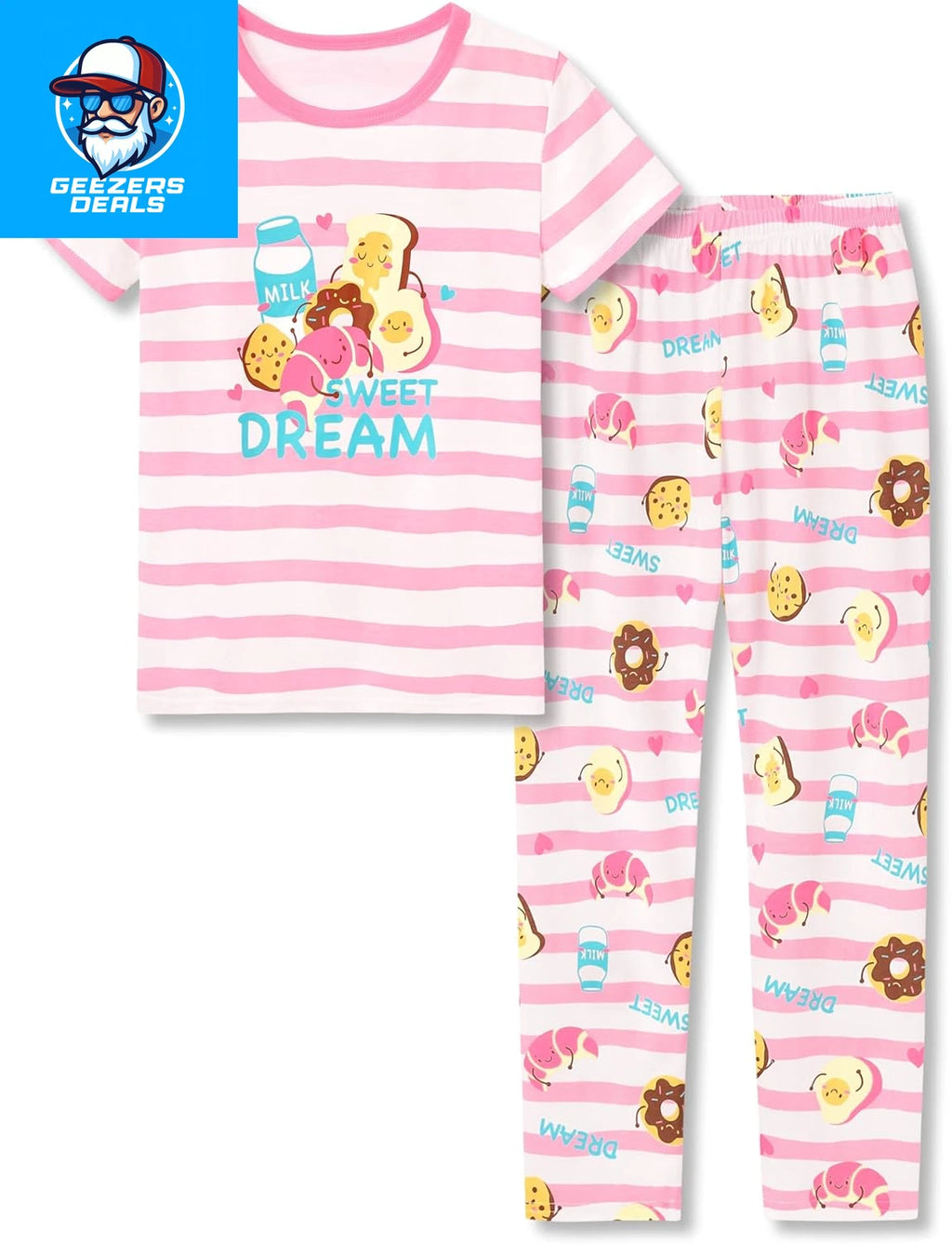 Pajamas for Girls Size 6-16 Pants & Long Sleeve Jammies Glitter Heart & Stripe T