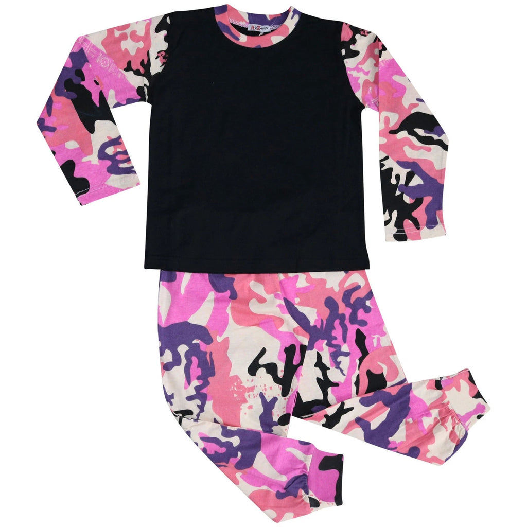 Kids Boys Girls Pjs Contrast Camouflage Plain Stylish Pyjamas Set 2-13 Years