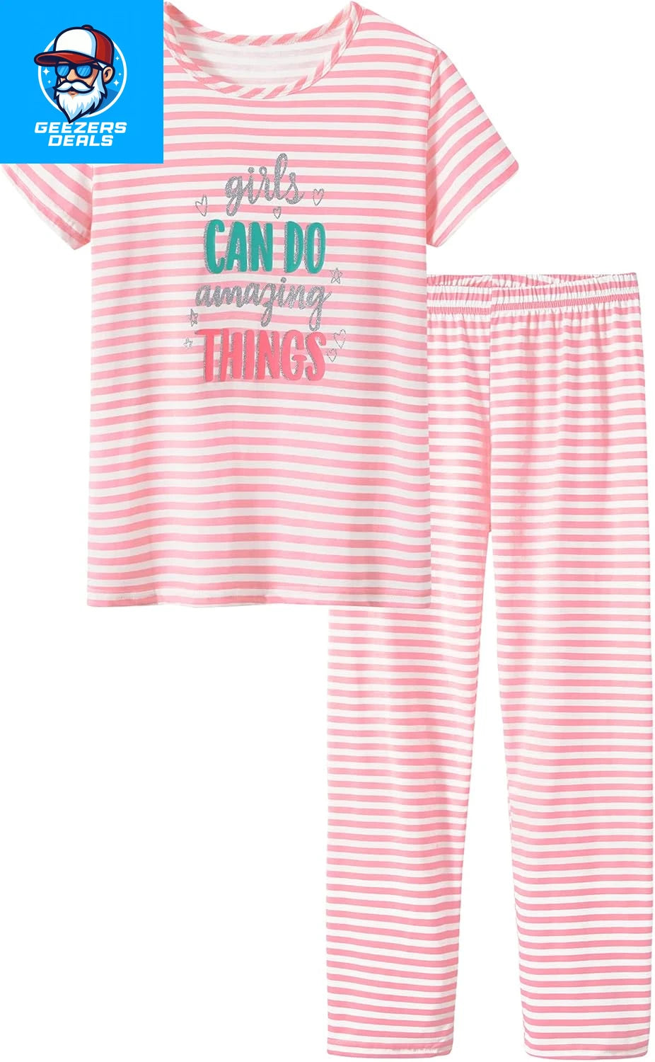 Pajamas for Girls Size 6-16 Pants & Long Sleeve Jammies Glitter Heart & Stripe T