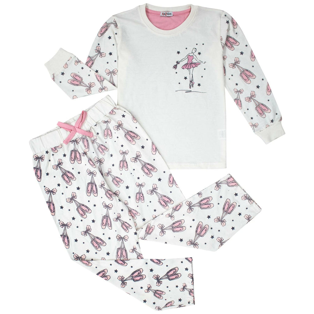 Girls Ballerina Baby Pink Print Children PJs 2 Piece Cotton Set Age 2-13 Years