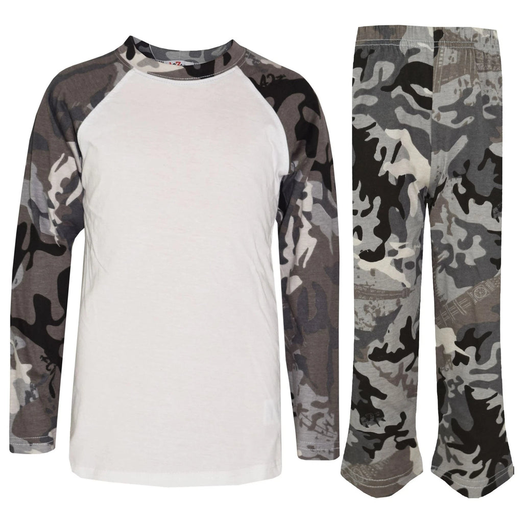 Kids Boys Girls Pyjamas Camouflage Contrast Charcoal Sleeves Nightwear 2-13Y